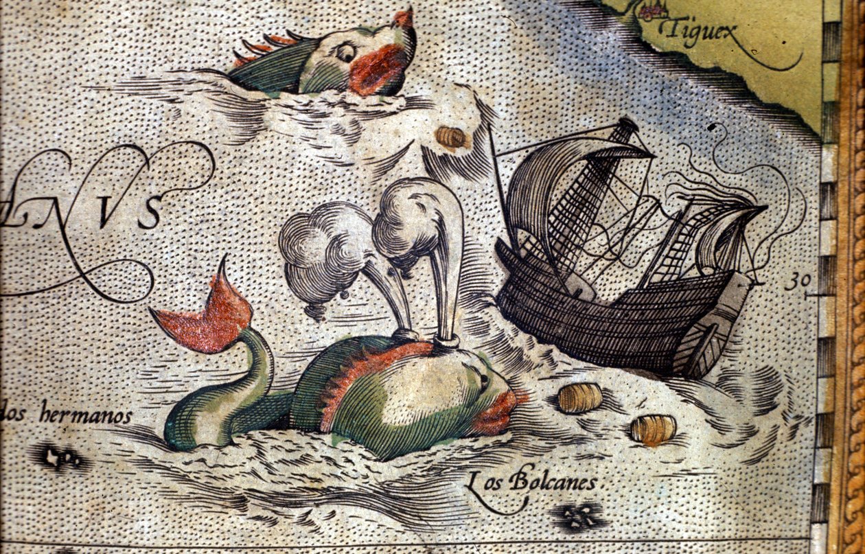 حوت يهاجم سفينة. لوحة من طبعة "Theatrum Orbis Terrarum" لرسام الخرائط أبراهام أورتيليوس (1527-1598) بواسطة إبراهيم أورتيليوس