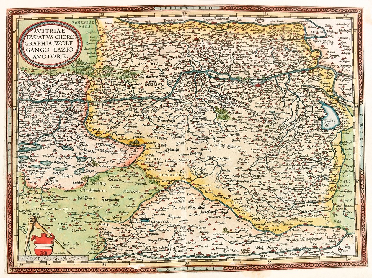 النمسا Ducatus Chorographia Wolfgango لاتسيو أوكتوري خريطة جغرافية لإقليم النمسا مع نهر الدانوب ومدينة فيينا من "Theatrum Orbis Terrarum" لأبراهام أورتيليوس (Oertel أو Ortell أو Ortel بواسطة إبراهيم أورتيليوس