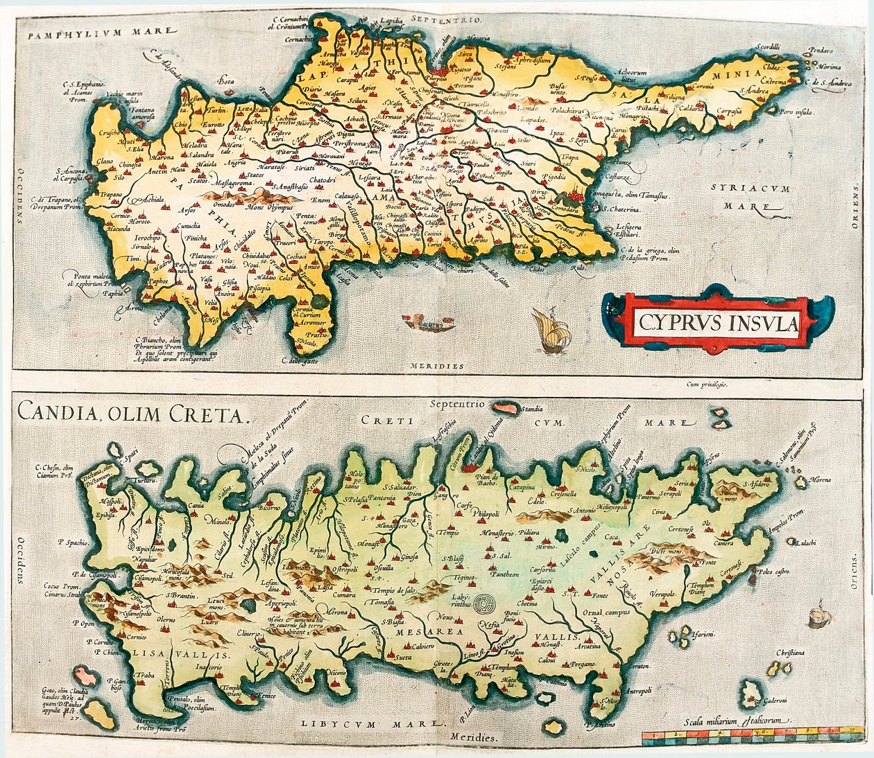 قبرص Insula - Candia، olim Creta الخريطة الجغرافية لجزر البحر الأبيض المتوسط في قبرص وكريت في اليونان من "Theatrum Orbis Terrarum" لأبراهام أورتيليوس (Oertel أو Ortell أو Ortel بواسطة إبراهيم أورتيليوس