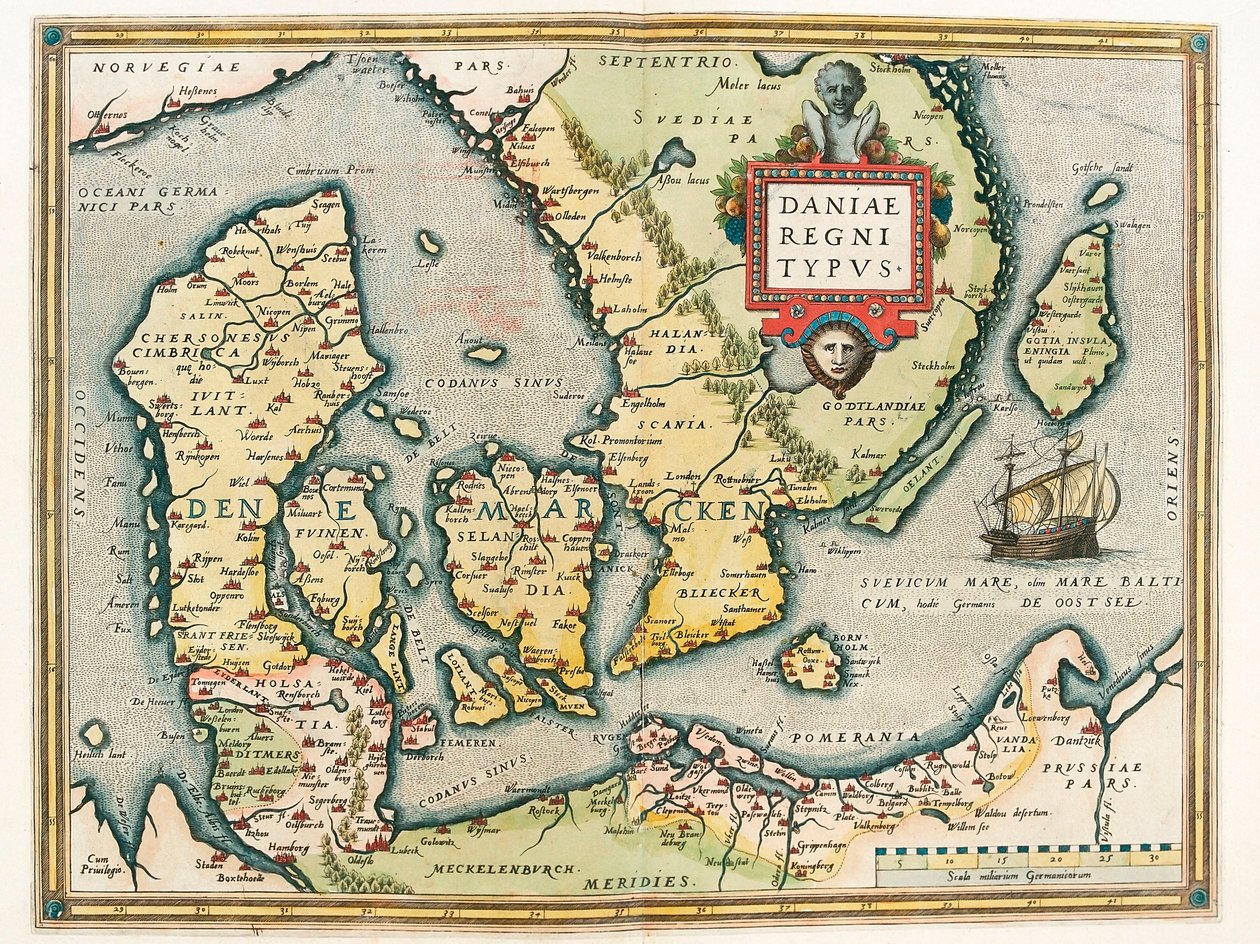 Daniae regni Typus خريطة جغرافية لإقليم الدنمارك وجنوب السويد من "Theatrum Orbis Terrarum" بواسطة أبراهام أورتيليوس (Oertel أو Ortell أو Ortel بواسطة إبراهيم أورتيليوس