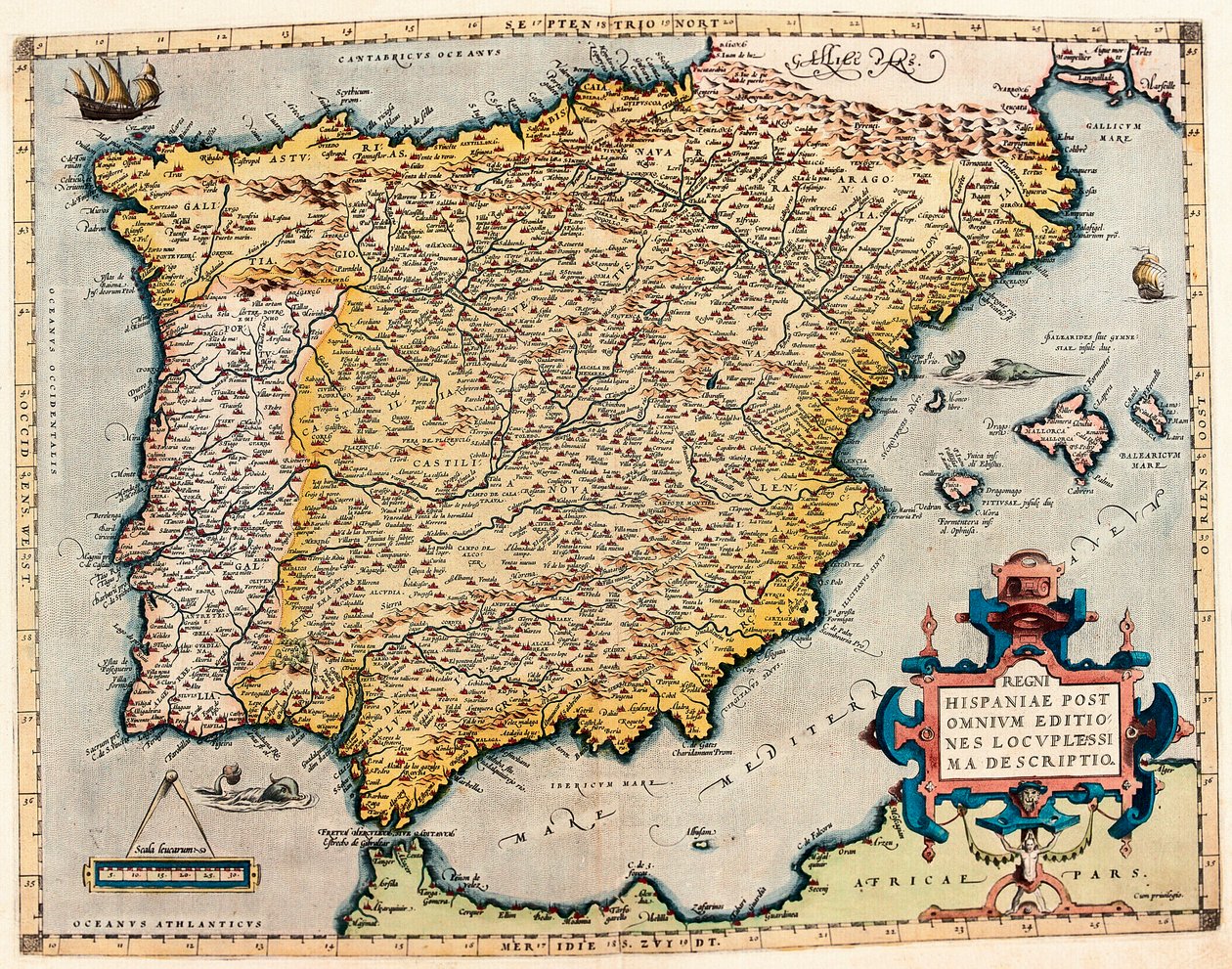 وصف اسبانيا. خريطة جغرافية من "Theatrum Orbis Terrarum" لأبراهام أورتيليوس (1527-1598) بواسطة إبراهيم أورتيليوس