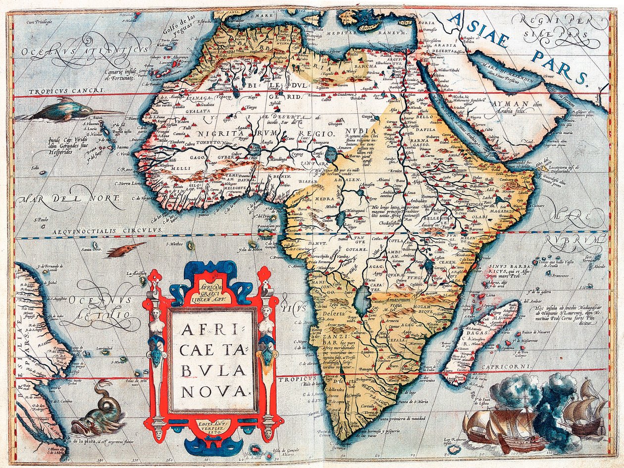 وصف القارة الأفريقية. خريطة جغرافية من "Theatrum Orbis Terrarum" لأبراهام أورتيليوس (1527-1598) بواسطة إبراهيم أورتيليوس