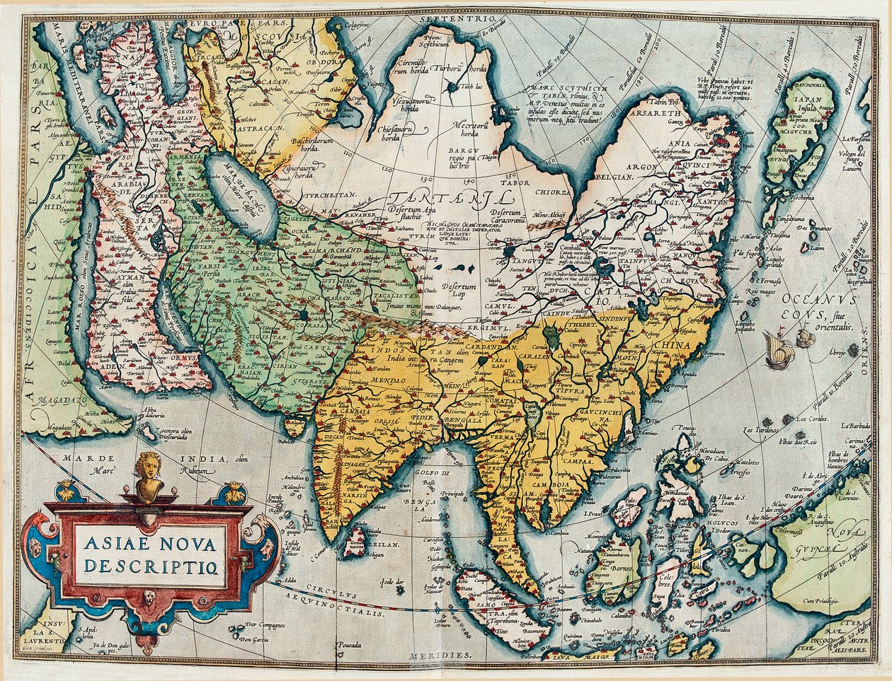 وصف القارة الآسيوية ، خريطة جغرافية من "Theatrum Orbis Terrarum" بواسطة إبراهيم أورتيليوس