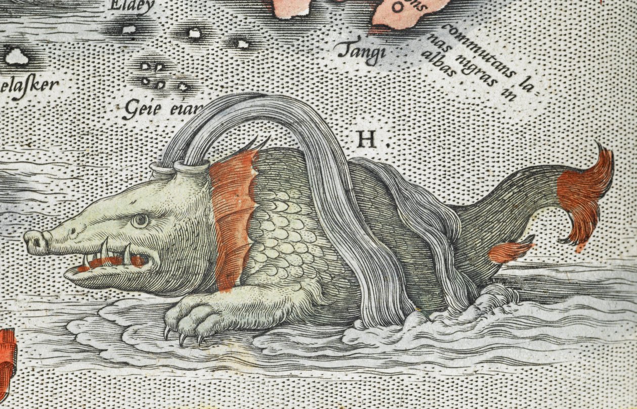 تفاصيل وحش البحر ، من "Typus orbis terrarum] (العنوان الرئيسي للألبوم ، الذي يحتوي على 90 خريطة" بواسطة إبراهيم أورتيليوس