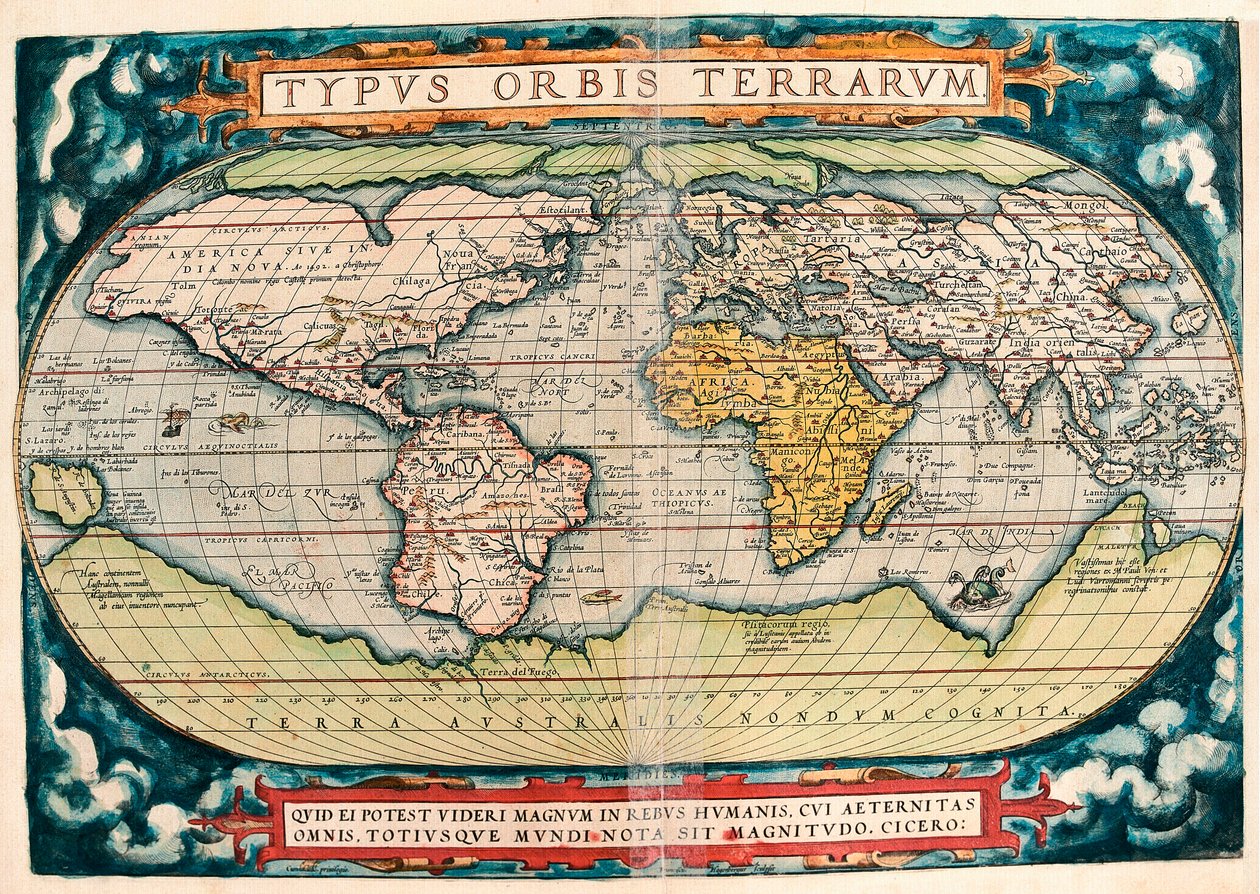 خريطة الأرض (خريطة العالم) خريطة جغرافية من "Theatrum Orbis Terrarum" بقلم أبراهام أورتيليوس (1527-1598) بواسطة إبراهيم أورتيليوس