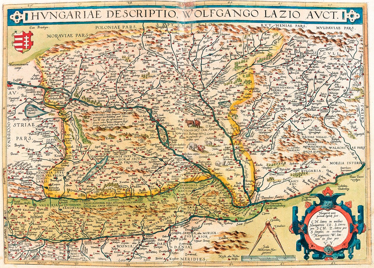 المجرية Descriptio ، وولفجانجو لاتسيو أوكت. خريطة جغرافية لإقليم المجر من "Theatrum Orbis Terrarum" بواسطة أبراهام أورتيليوس (Oertel أو Ortell أو Ortel بواسطة إبراهيم أورتيليوس