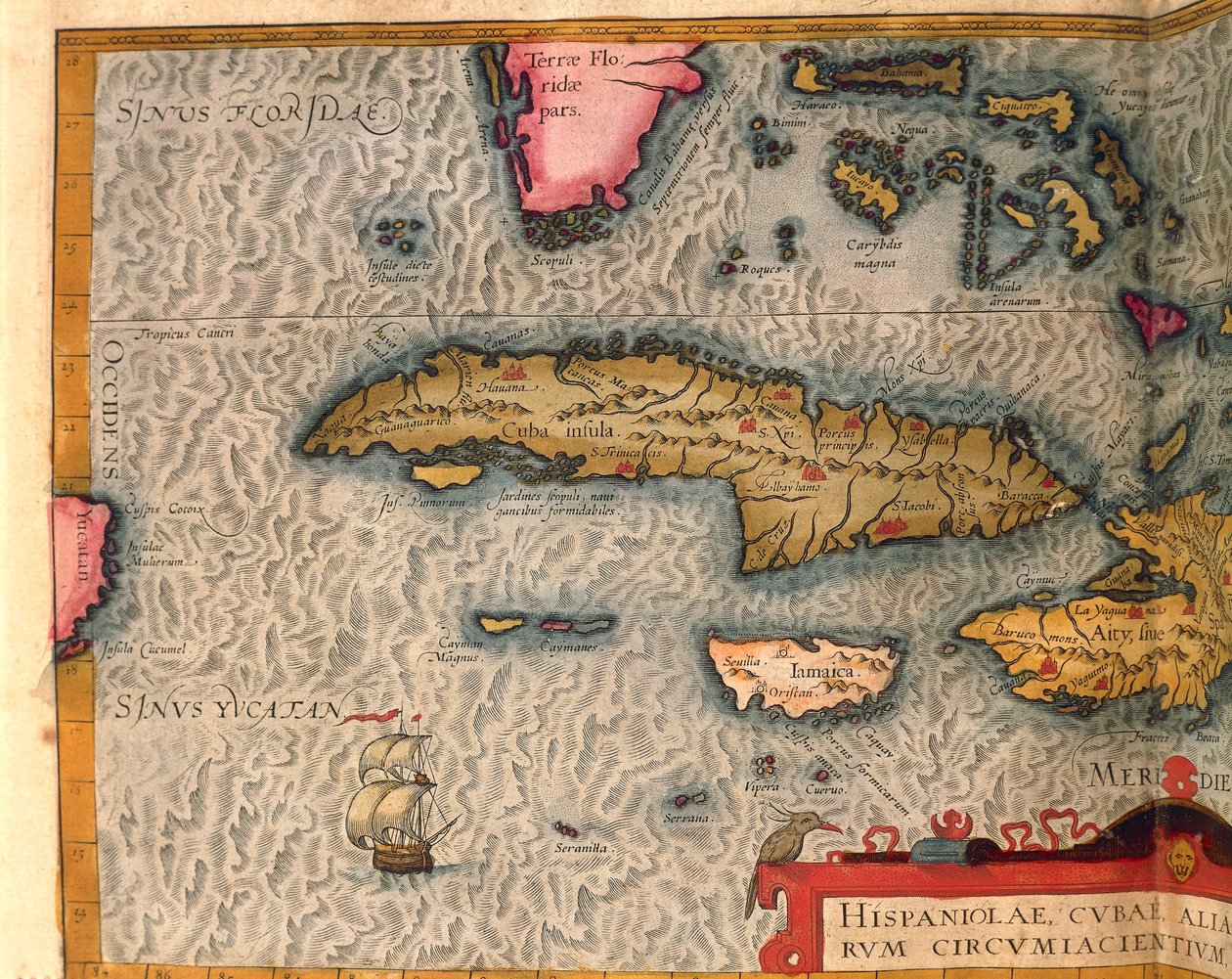 خريطة كوبا وجامايكا ، من Theatrum Orbis Terrarum بقلم أبراهام أورتيليوس ، طُبعت في أنتويرب بواسطة إبراهيم أورتيليوس