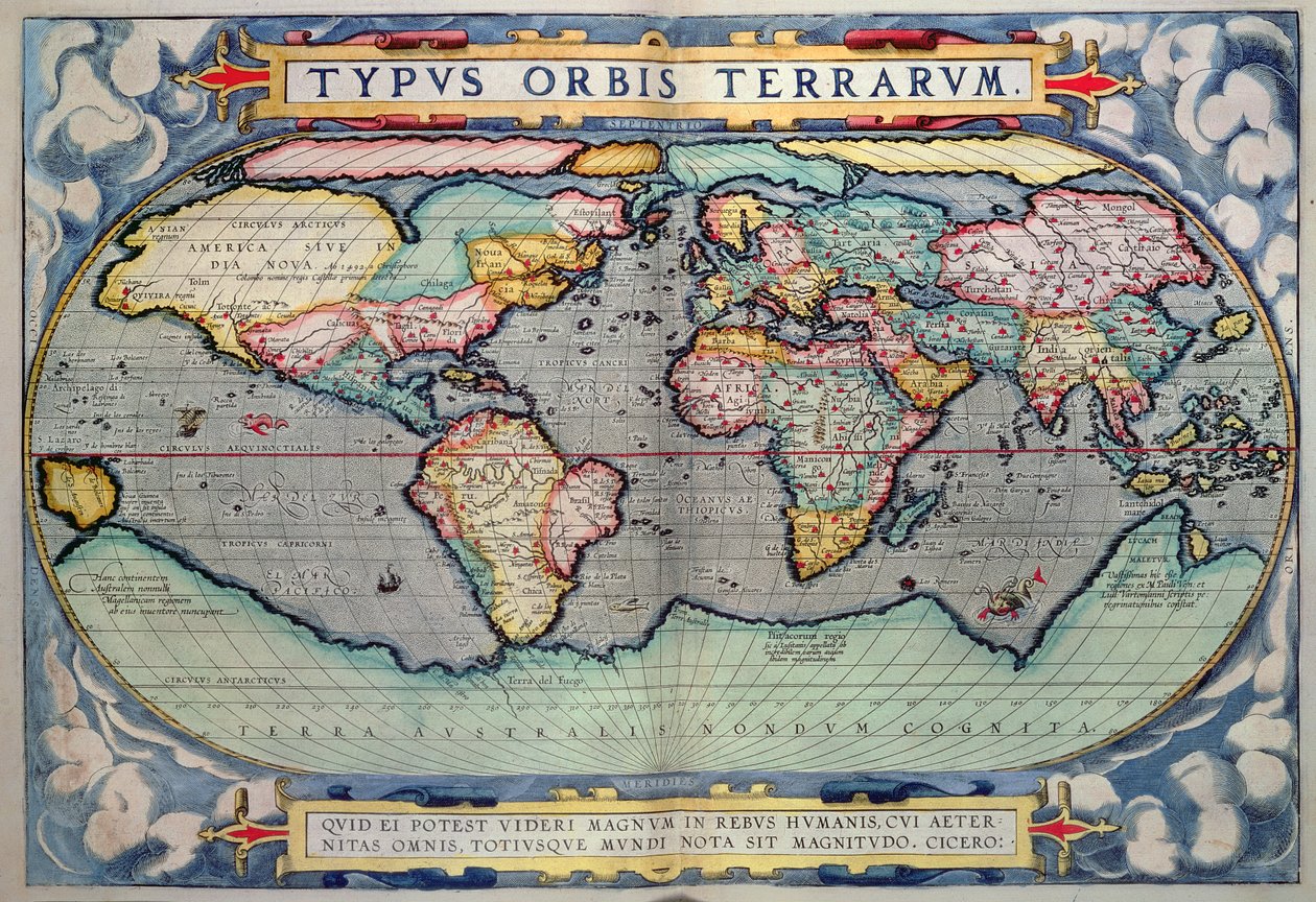 خريطة العالم ، من "Theatrum Orbis Terrarum" ، أنتويرب بواسطة إبراهيم أورتيليوس