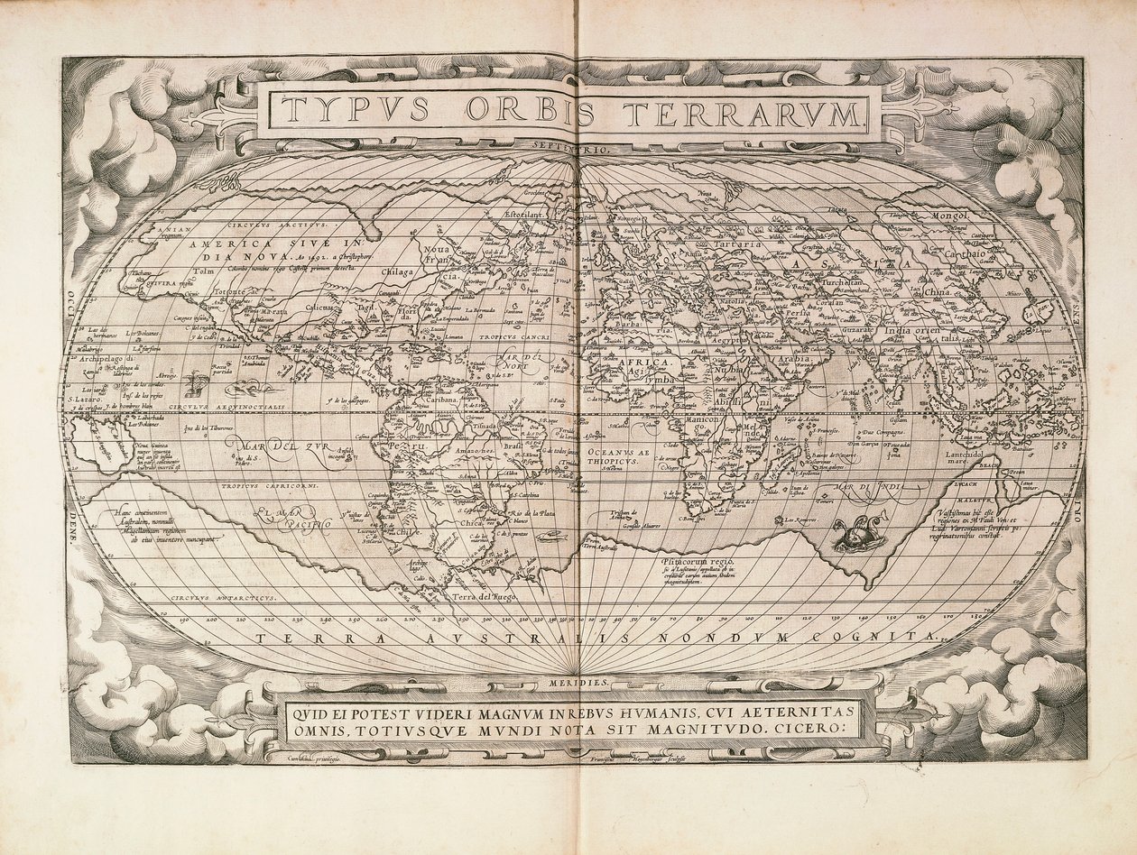 Planisphere من Theatrum Orbis Terrarum بواسطة أبراهام أورتيليوس ، طبع في أنتويرب بواسطة إبراهيم أورتيليوس