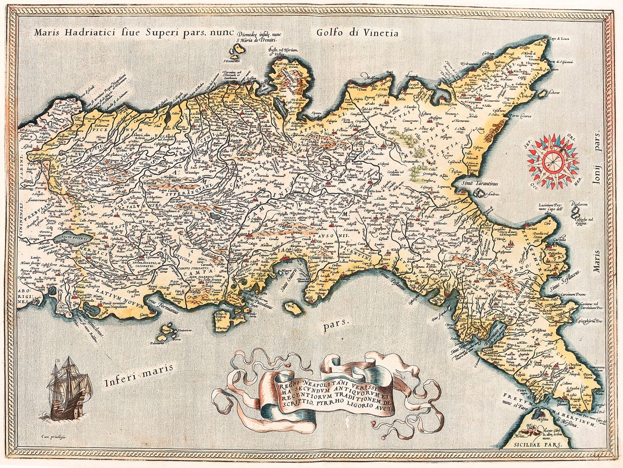 Regnu Naples والوصف الأكثر دقة للتقاليد القديمة والأكثر حداثة من Pyrrhus ، Liguori auet. خريطة جغرافية لإقليم مملكة نابولي في إيطاليا من "أطلس" لجيرارد مركاتور (أويرتيل أو أورتيلو أو أورتيل بواسطة إبراهيم أورتيليوس