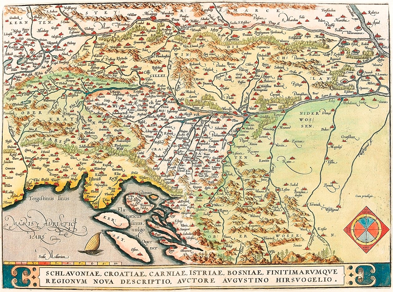 Schlavoniae ، كرواتيا ، Carniae ، Istria ، البوسنة ، خريطة Finitimarumque الإقليمية ، الجغرافيا بقلم Augustine Hirsuogelio خريطة أراضي سلافونيا ، كرواتيا ، البوسنة ودالماتيا من "أطلس" بقلم جيرارد مركاتور (Oertel ، بواسطة إبراهيم أورتيليوس