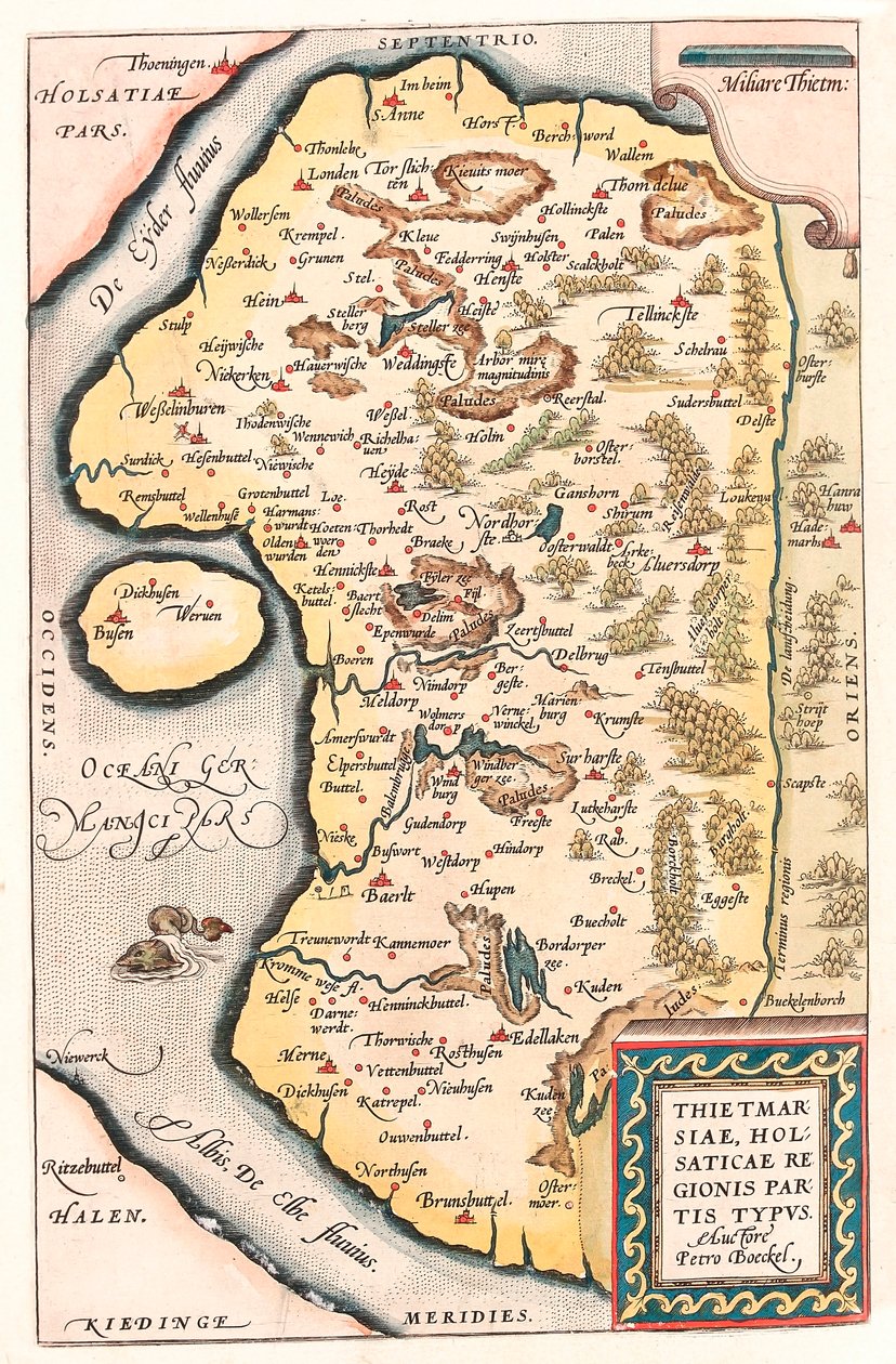 Thietmarsiae ، Holsaticae regionis طباعة خريطة جغرافية لشمال ألمانيا مع مدينة Kuden مأخوذة من "Theatrum Orbis Terrarum" لأبراهام أورتيليوس (Oertel أو Ortell أو Ortel بواسطة إبراهيم أورتيليوس