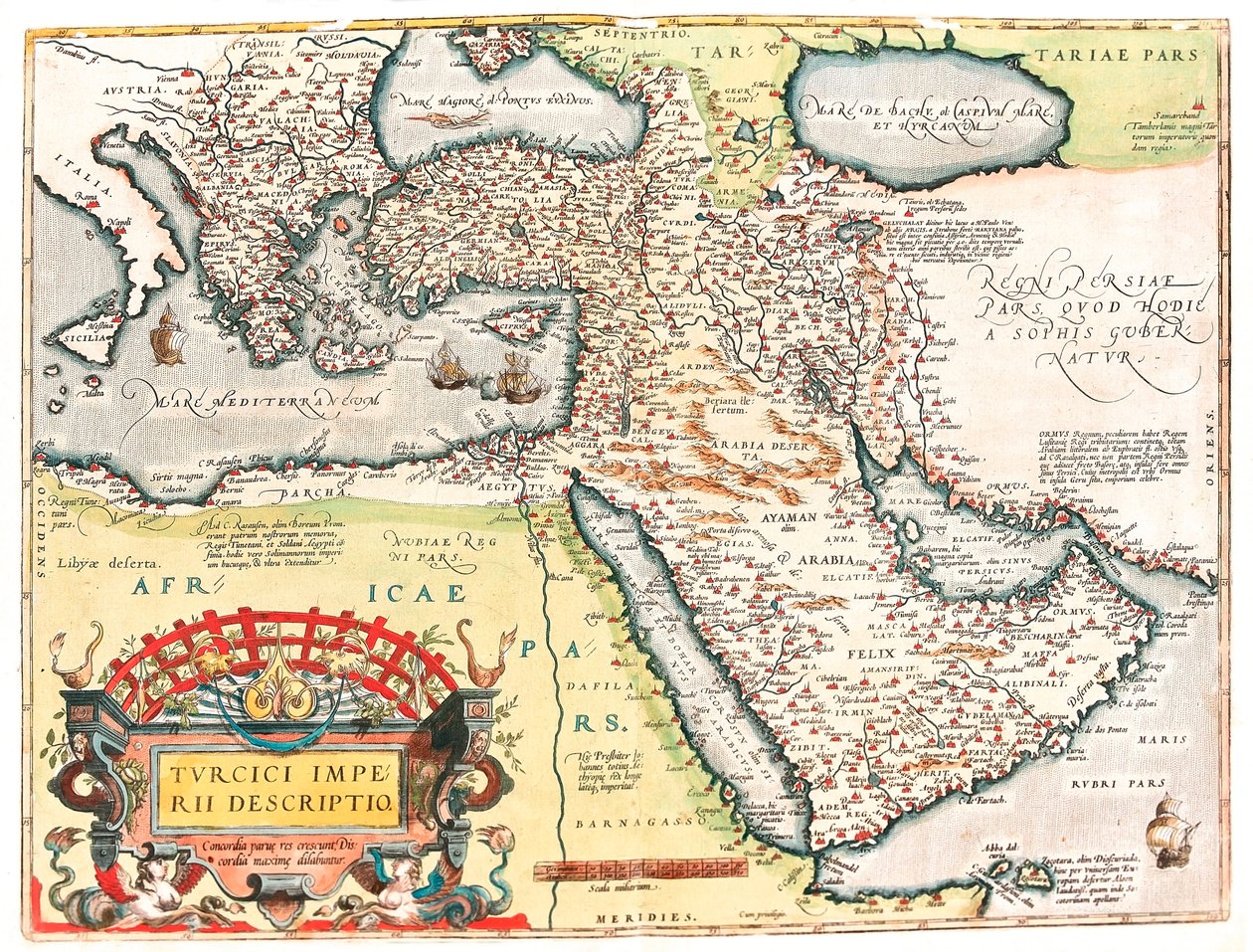 Turcici imperii descriptio خريطة جغرافية لإقليم الإمبراطورية العثمانية مأخوذة من "Theatrum Orbis Terrarum" بواسطة أبراهام أورتيليوس (Oertel أو Ortell أو Ortel بواسطة إبراهيم أورتيليوس