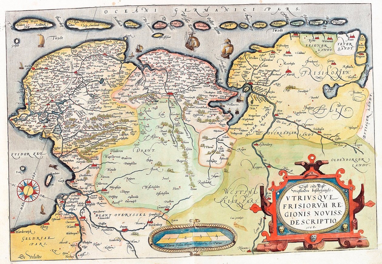 Utriusque Frisiorum regionis نوفيس. وصف خريطة جغرافية لإقليم هولندا مع مدينتي جرونينجن (جرونينجن) وليوواردن ... مأخوذة من "Theatrum Orbis Terrarum" لأبراهام أورتيليوس (Oertel أو Ortell أو Ortel بواسطة إبراهيم أورتيليوس