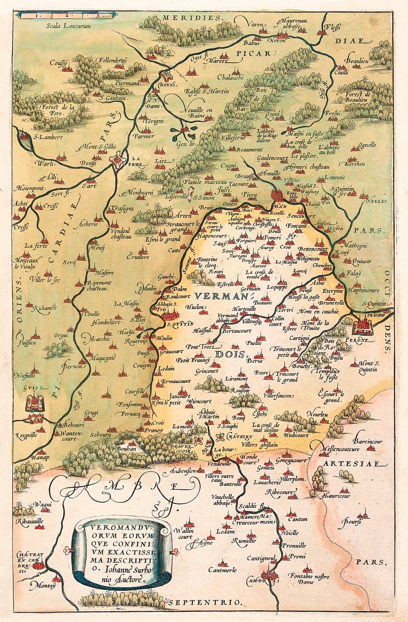 Veromanuorum أولئك الذين يحدون Accurssima الوصف خريطة جغرافية لإقليم Vermandois و Picardy في Gaul (فرنسا) من "Atlas" بواسطة Gerard Mercator (Oertel أو Ortello أو Ortel بواسطة إبراهيم أورتيليوس