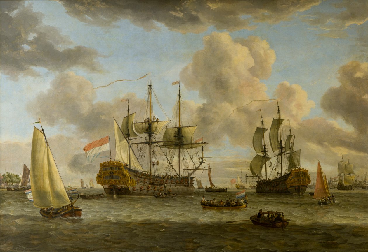 مشهد الشحن الهولندي مع السفن في مصب النهر في ، حوالي 1664-1708 (زيت على قماش) بواسطة ابراهام ستورك