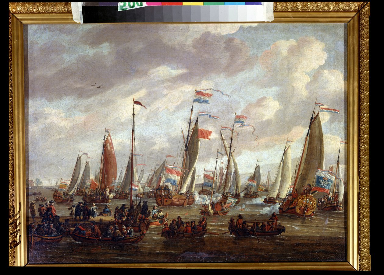 زار القيصر بيتر الأول إنجلترا في يناير 1698 (زار القيصر بيتر الأول إنجلترا في يناير 1698). بيتر الأول ملك روسيا ، بيوتر ألكسيفيتش رومانوف أو بطرس الأكبر (1672-1725). رسم أبراهام ستورك (1635-1710). زيت على قماش ، 48 × 64 سم ، ديب بواسطة ابراهام ستورك