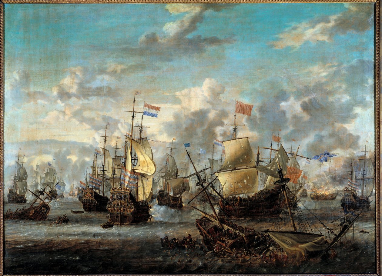 الحرب الأنجلو-نيرلاند الثانية: "" معركة الأربعة أيام من 11 إلى 14/06/1666 "" عارضت الأسطول الهولندي مع الإنجليز. اللوحة من قبل أبراهام ستورك (1635-1710) (ec.hol.) القرن السابع عشر ، باريس ، متحف مارين بواسطة ابراهام ستورك