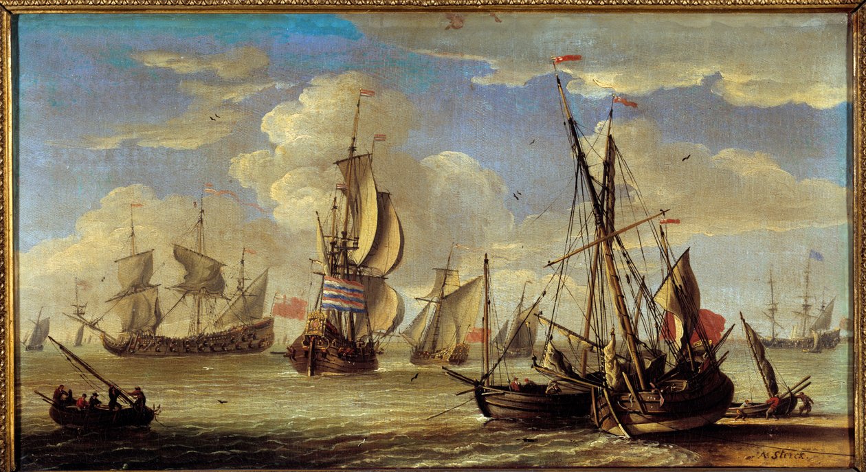 السفن والقوارب على البحر Paintrue بواسطة Abraham Storck (1635-1710) (ec.holl.) القرن السابع عشر الشمس. 0،22 × 0،41 م. . بواسطة ابراهام ستورك