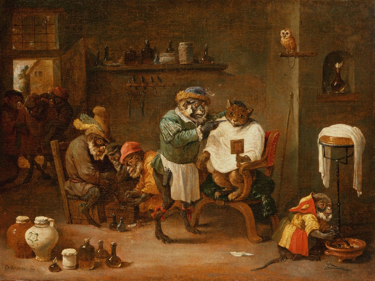قطة في محل حلاقة تديره Monkeys (زيت على قماش) بواسطة إبراهيم تينيرز