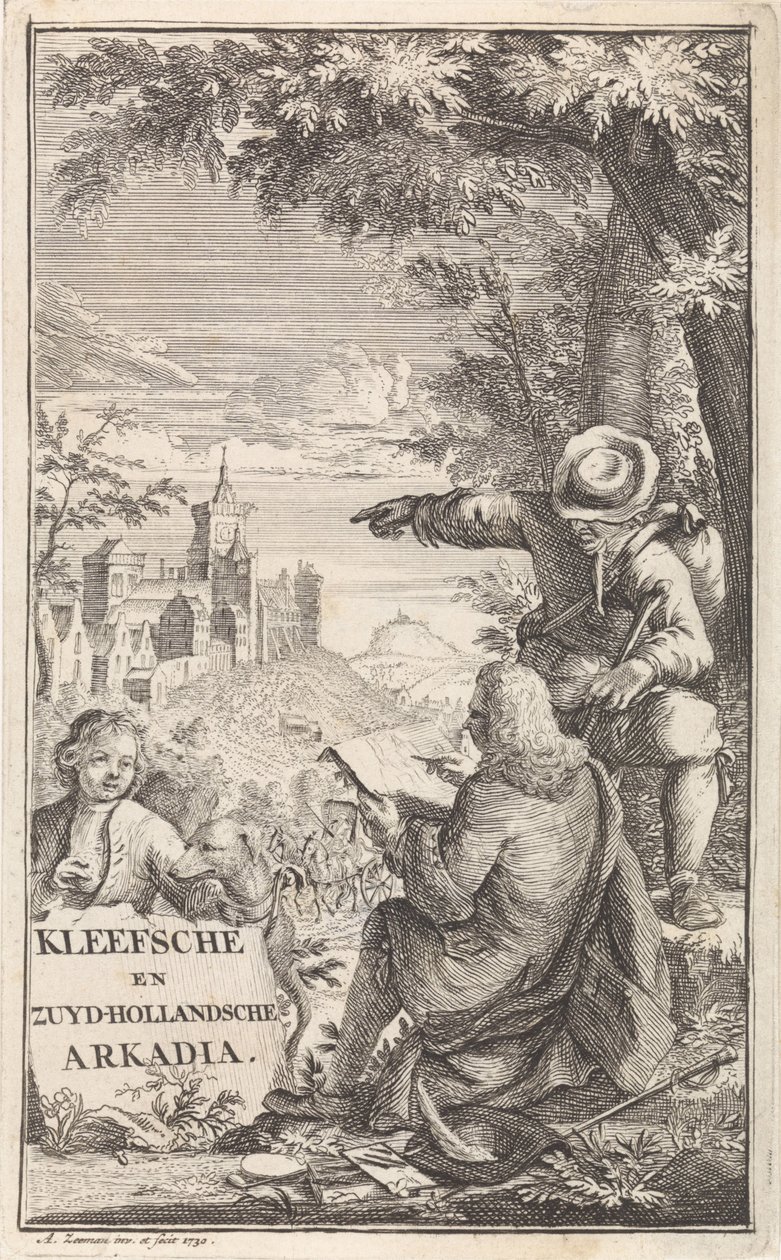 المسافر يرسم مدينة كليفز صفحة العنوان لـ: C. Bruin، Kleefsche en Zuid-Hollandsche Arkadia (...)، 1730 بواسطة ابراهام زيمان