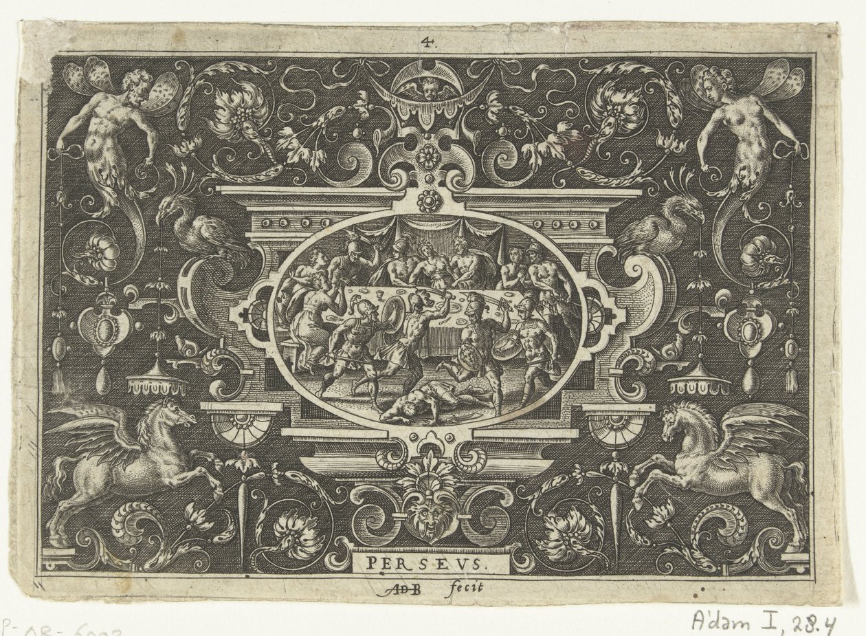 خرطوش: Phineus يعطل زفاف Perseus و Andromeda PERSEUS (العنوان على الكائن) خراطيش بيضاوية بمشاهد من حياة فرساوس في إطار غروتسك (عنوان المسلسل) بواسطة إبراهيم دي بروين