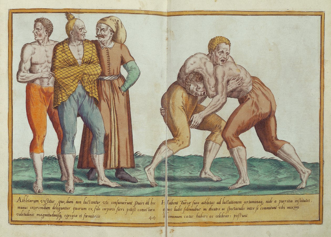 مصارعة الأتراك ، ازياء القرن السادس عشر من Omnium Poene Gentium Imagines ، المنشورة في كولونيا ، 1577 (النقش اليدوي) بواسطة إبراهيم دي بروين