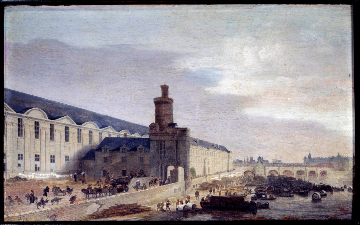 منظر لبورت نوف و Galerie du Louvre حوالي عام 1640 Entrée du Louvre على ضفاف نهر السين. لوحة أبراهام دي فيروير (1600-1650) 1640 قاتمة 0.37 × 0.59 م باريس ، متحف كارنافالي بواسطة إبراهيم دي فيروير