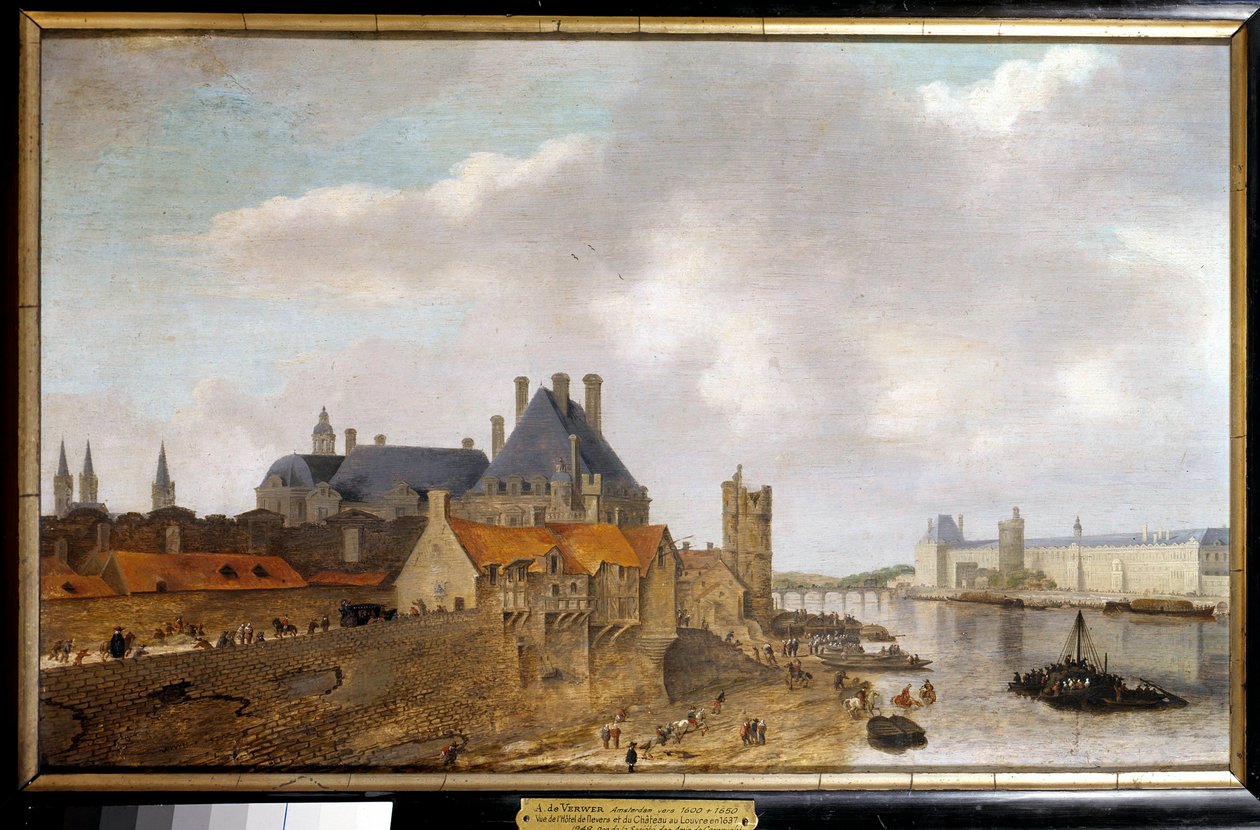 منظر لفندق de Nevers وبرج Nesles و Grande Galerie du chateau du Louvre من لوحة Pont Neuf التي رسمها Abraham de Verwer (1600-1650) 1637 Sun. 0.37 × 0.59 م باريس ، متحف كارنافالي بواسطة إبراهيم دي فيروير