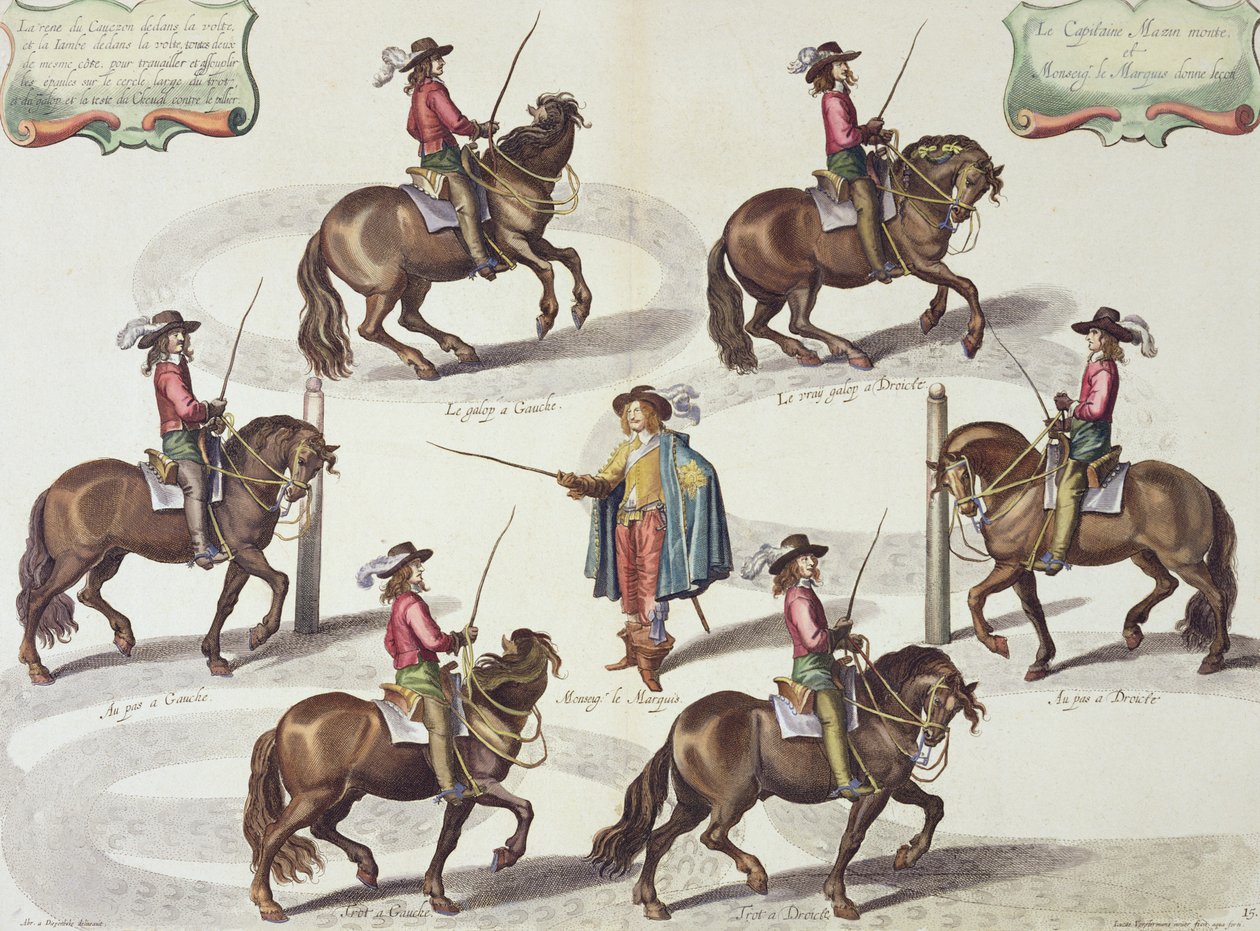 ماركيز نيوكاسل يعطي الكابتن مازن درساً في الركوب ، اللوحة 15 من الأسلوب والاختراع الجديد لخيول التضميد بقلم ويليام كافينديش (1592-1676) ماركيز نيوكاسل ، نقشها لوكاس فو بواسطة أبراهام فان ديبينبيك