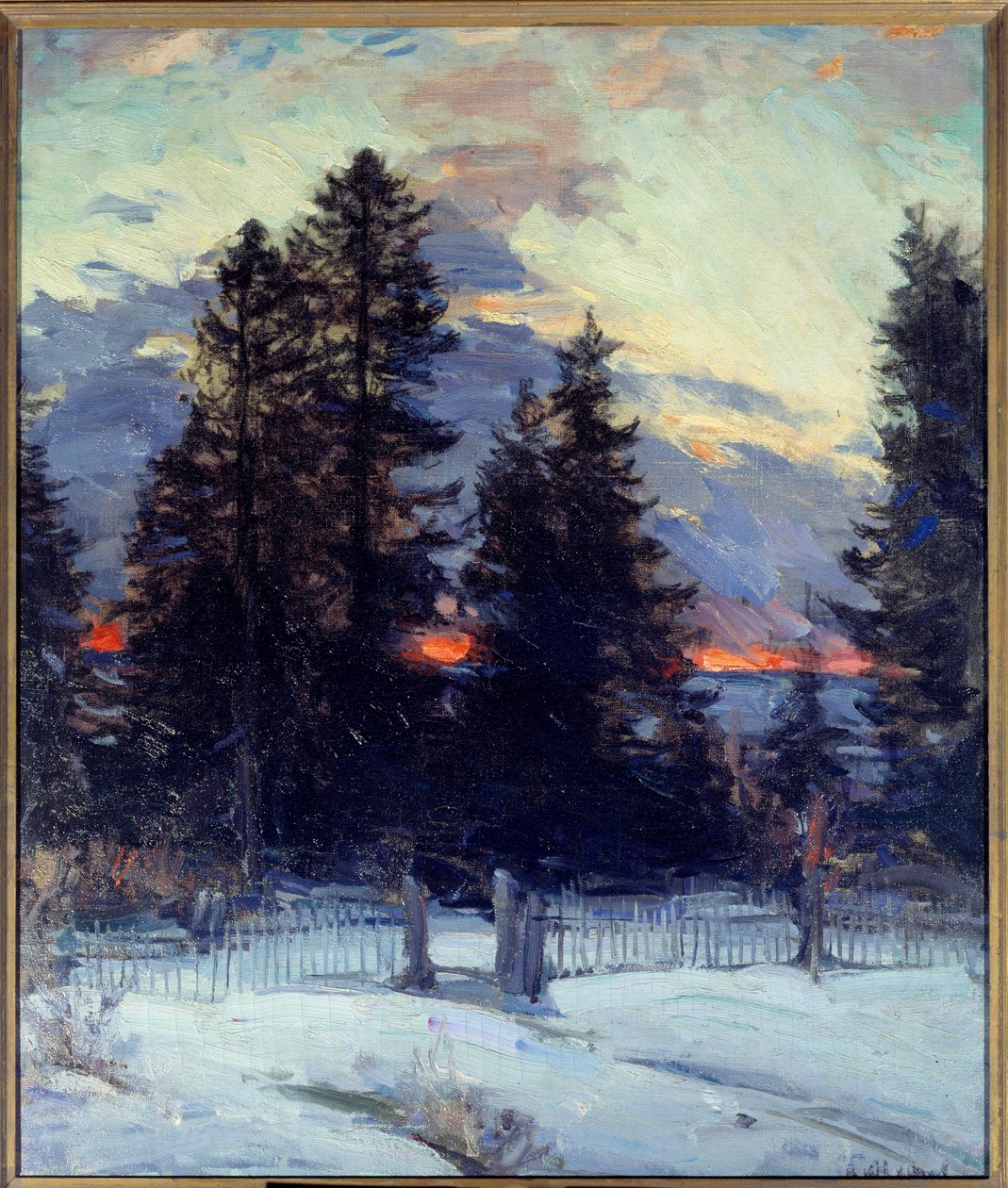 غروب الشمس على المناظر الطبيعية الشتوية. رسم أبرام آركييبوف (1862-1930) إي سي. روس. بواسطة أبرام إيفيموفيتش أركيبوف