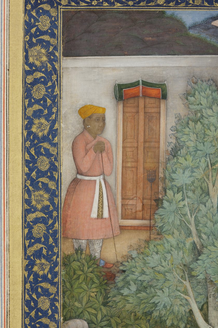 تفاصيل من الإمبراطور جهانكير مع رجال مقدسين في حديقة ، c.1615 (مرحاض غير شفاف وذهب على ورق) بواسطة أبو الحسن