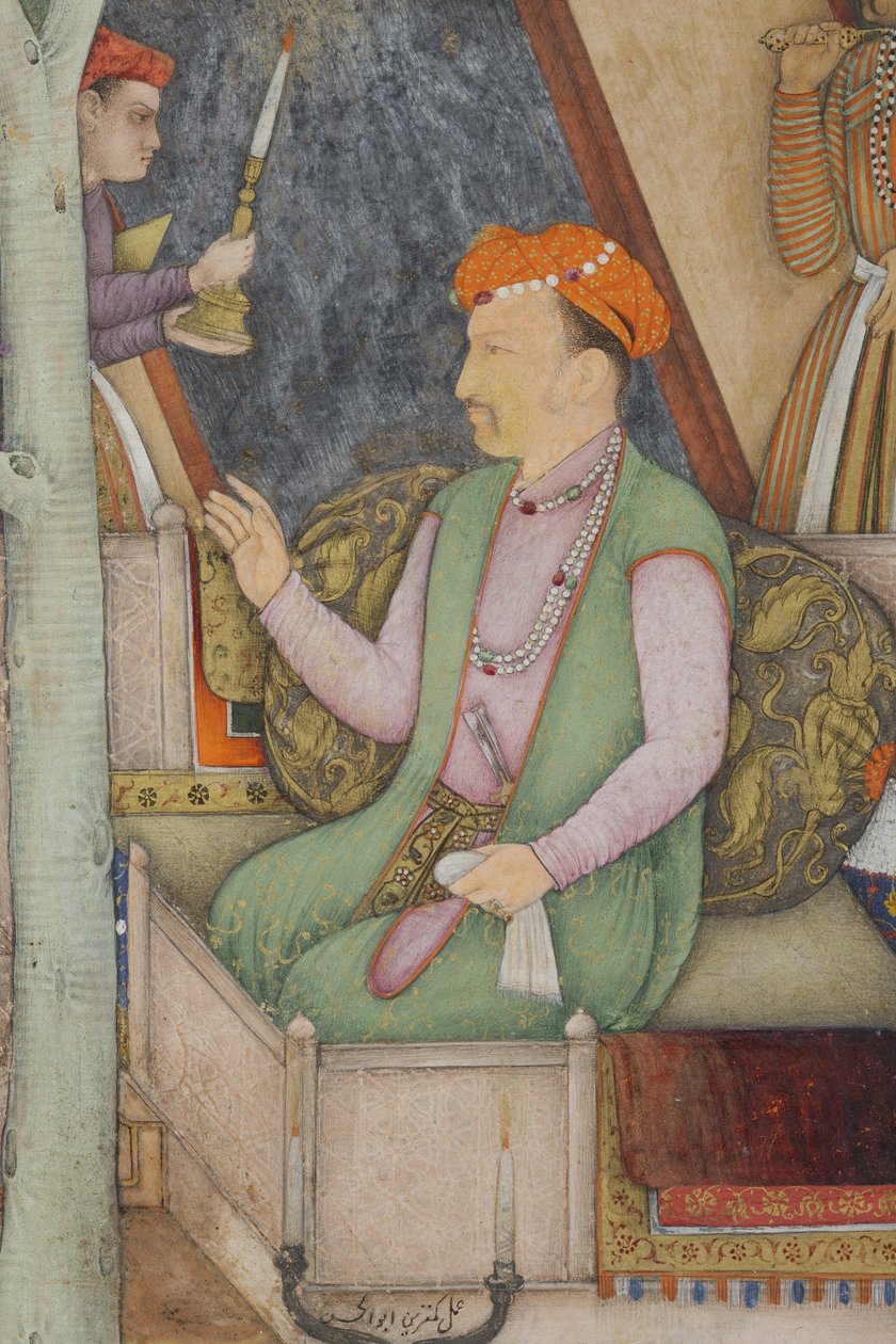 تفاصيل من الإمبراطور جهانكير مع رجال مقدسين في حديقة ، c.1615 (مرحاض غير شفاف وذهب على ورق) بواسطة أبو الحسن