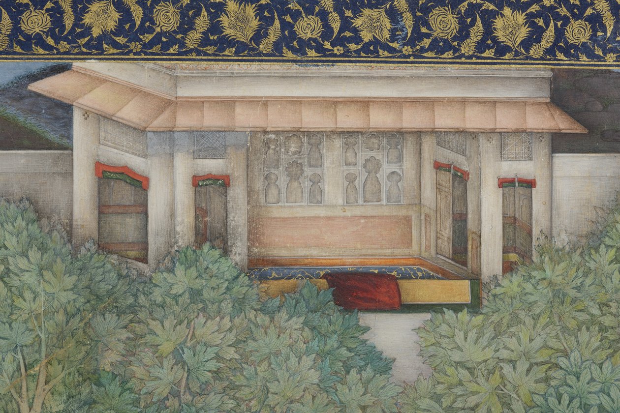 تفاصيل من الإمبراطور جهانكير مع رجال مقدسين في حديقة ، c.1615 (مرحاض غير شفاف وذهب على ورق) بواسطة أبو الحسن