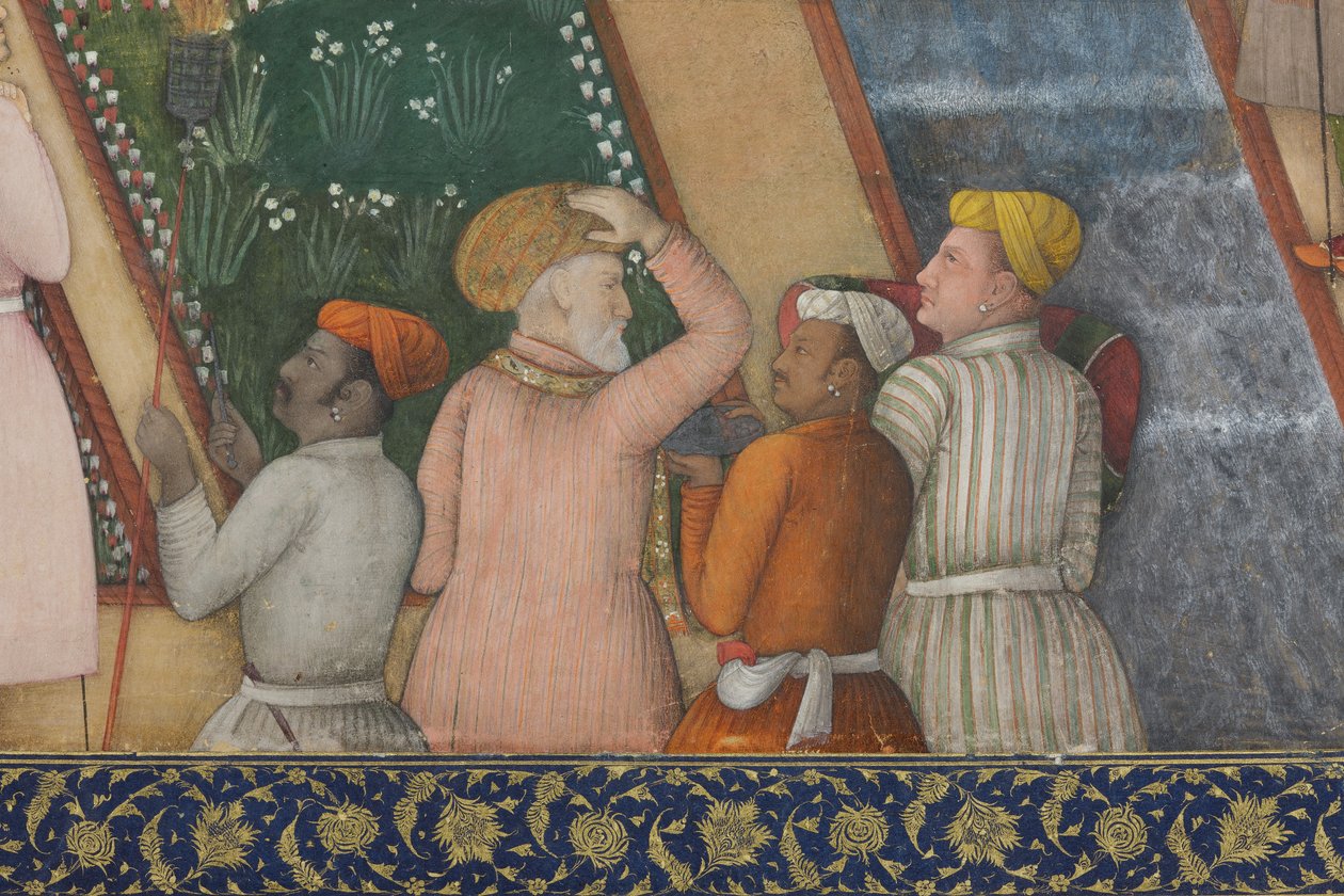 تفاصيل من الإمبراطور جهانكير مع رجال مقدسين في حديقة ، c.1615 (مرحاض غير شفاف وذهب على ورق) بواسطة أبو الحسن الغفاري