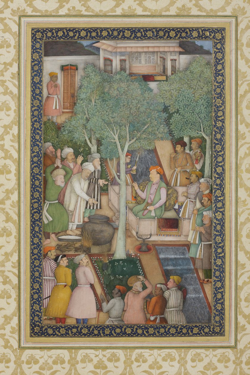 الإمبراطور جهانكير مع رجال مقدسين في حديقة ، c.1615 (مرحاض غير شفاف وذهب على ورق) بواسطة أبو الحسن الغفاري
