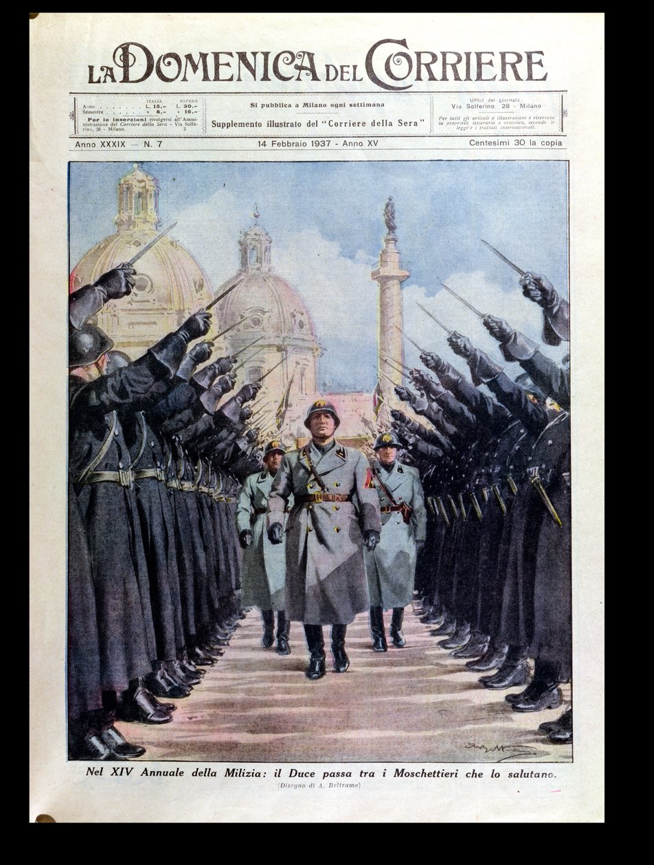 بينيتو موسوليني (1883-1945) يستعرض الميليشيا ، من "لا دومينيكا ديل كوريير" ، 14 فبراير 1937 بواسطة أخيل بيلترام
