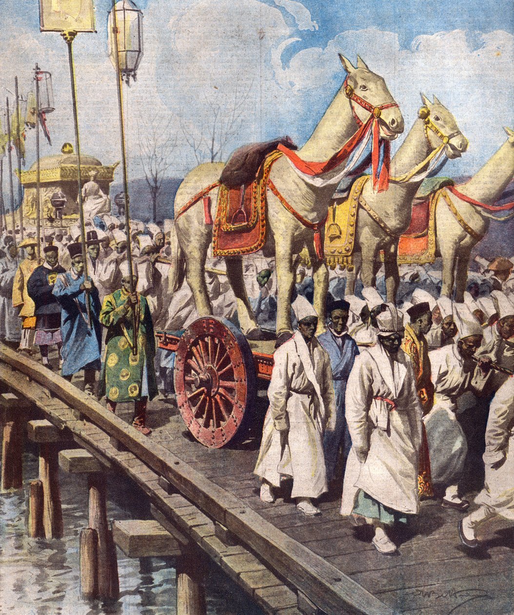 موكب جنازة Gojong ، الإمبراطور Gwangmu من الإمبراطورية الكورية في مارس 1919 ، صورة توضيحية من "La Domenica del Corriere" ، 1 يونيو 1919 بواسطة أخيل بيلترام