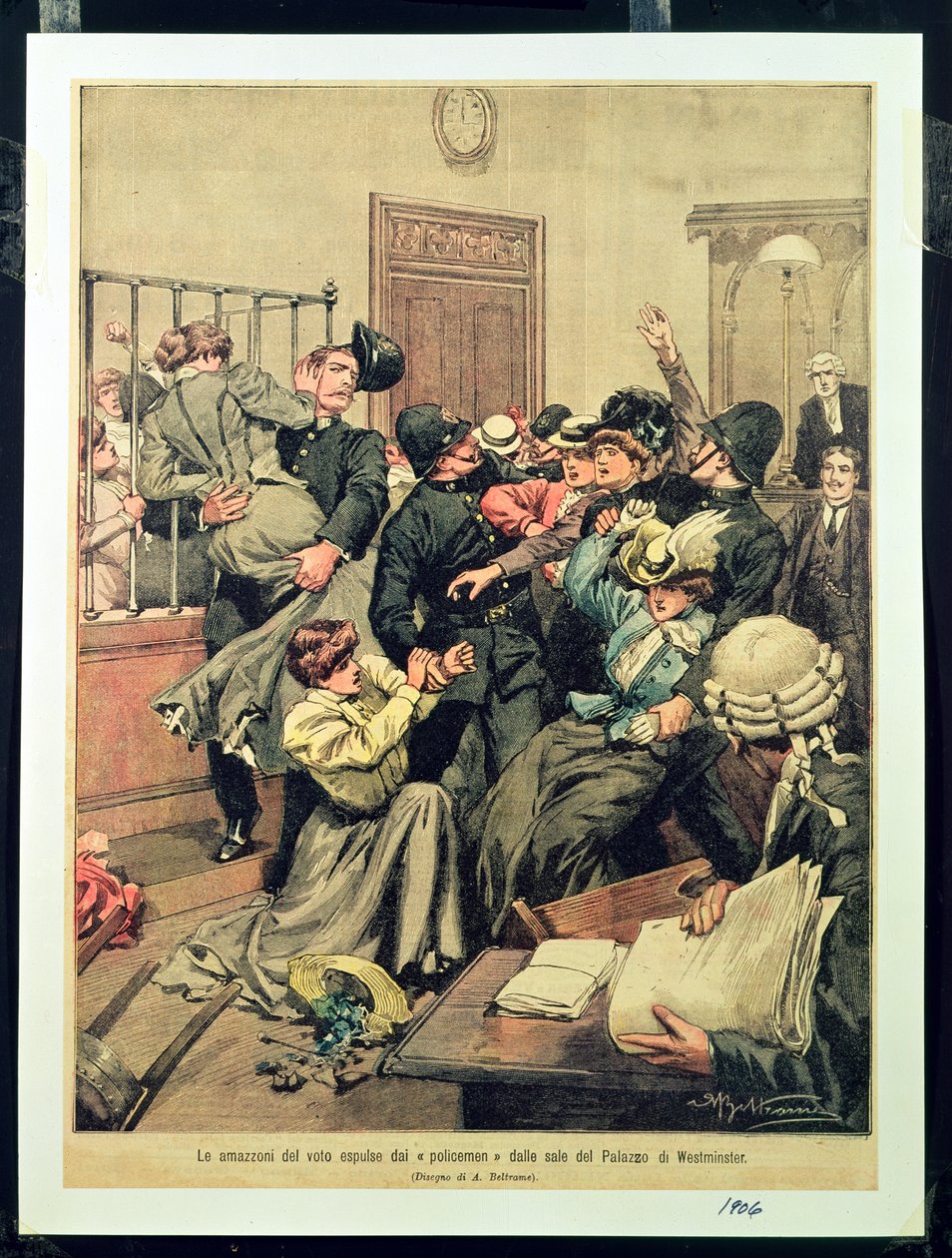 رجال شرطة يطردون Suffragettes من غرفة في قصر وستمنستر. بواسطة أخيل بيلترام