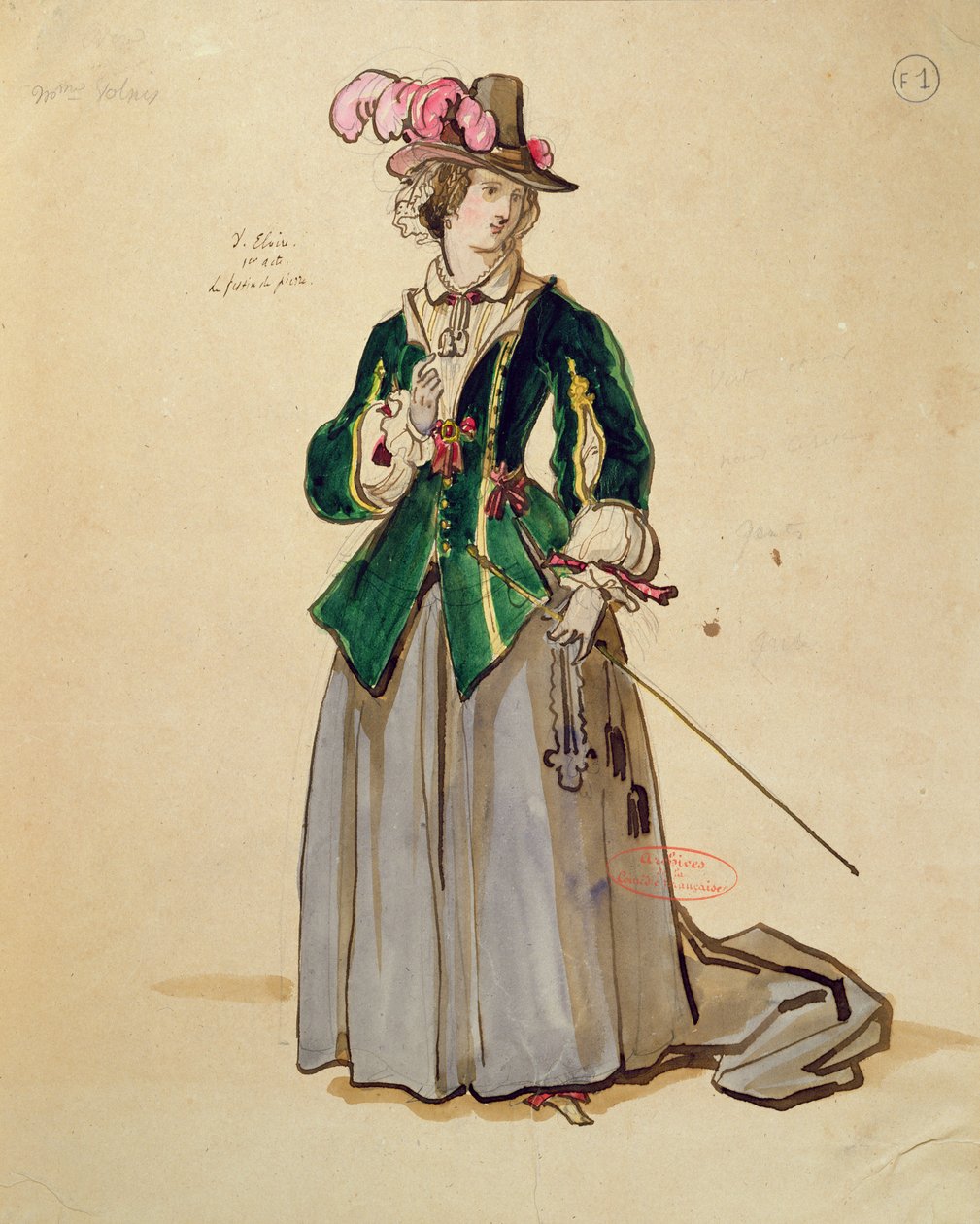 تصميم أزياء لـ Dona Elvire في إنتاج عام 1847 لـ "Don Juan" من قبل Moliere (1622-73) في Comedie Francaise (قلم وحبر ومرحاض على ورق) بواسطة أخيل ديفيريا
