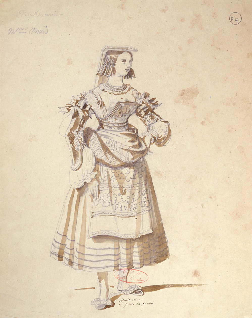 تصميم أزياء لـ "Mathurine" في إنتاج عام 1847 لـ "Don Juan" من قبل Moliere (1622-73) في Comedie Francaise (القلم والحبر والمرحاض على الورق) بواسطة أخيل ديفيريا