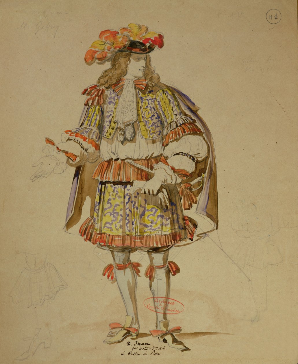 تصميم أزياء لإنتاج 1847 لـ &39;Don Juan&39; بواسطة Moliere (1622-73) في Comedie Francaise (قلم وحبر ومرحاض على ورق) بواسطة أخيل ديفيريا