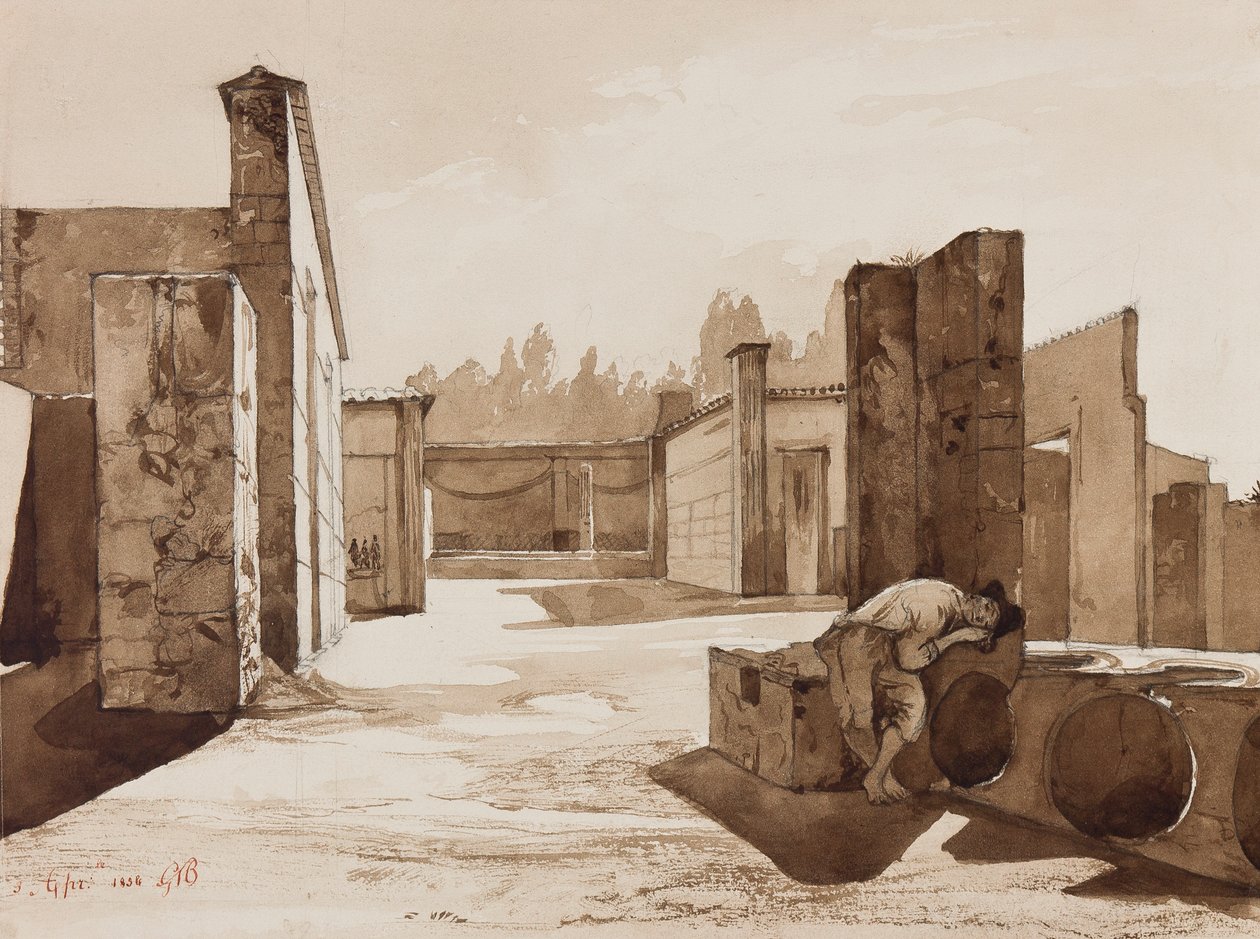 عرض بومبيان ، مع الإضافات التي كتبها الأمير غايتانو ماريا فيديريكو دي بوربون (1846-1871) ، 1854 (يغسل بالقلم الرصاص و بني داكن على الورق) بواسطة أخيل فيانيلي