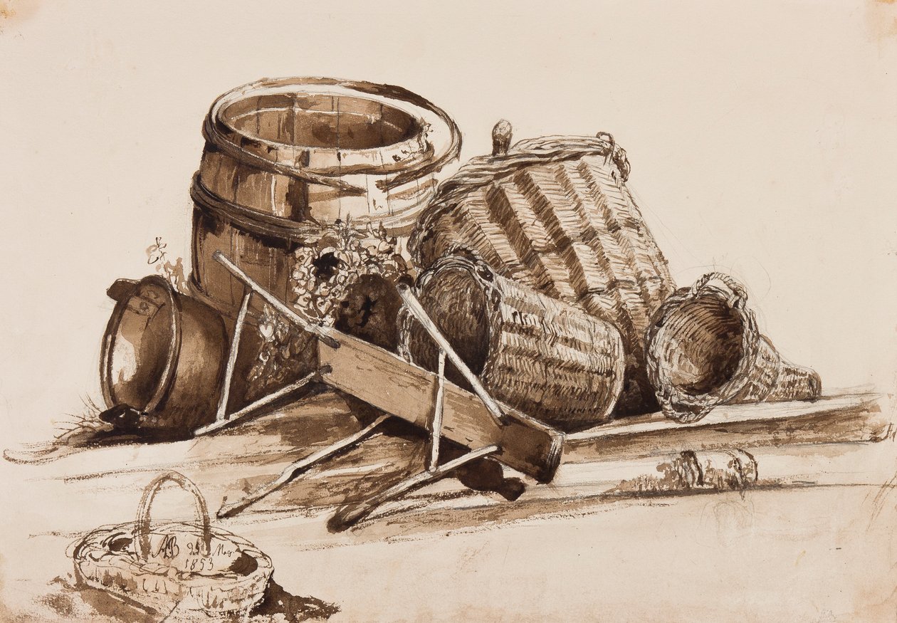 السلال والبراميل والمقاعد ، مع الإضافات التي كتبها الأمير ألفونسو ماريا دي بوربون (1841-1934) ، 1853 (يغسل بالقلم الرصاص و بني داكن على الورق) بواسطة أخيل فيانيلي