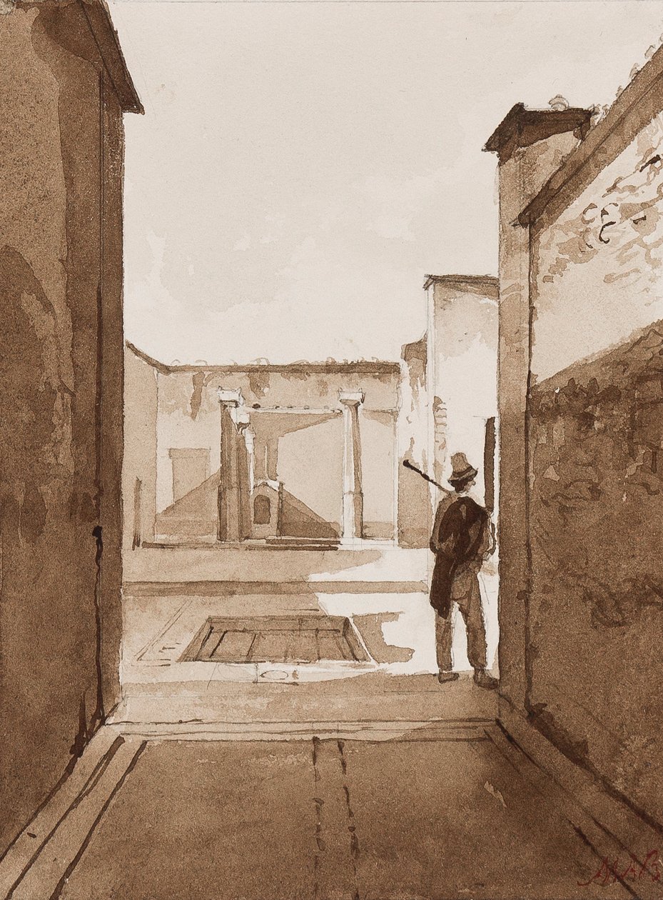 فناء في بومبي ، مع إضافات من الأميرة ماريا أنونزياتا دي بوربون (1843-1871) (يغسل بالقلم الرصاص و بني داكن على الورق) بواسطة أخيل فيانيلي