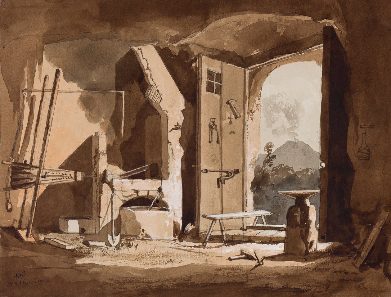 داخل فورج ، مع إضافات من قبل الأمير غايتانو ماريا فيديريكو دي بوربون (1846-1871) ، 1854 (يغسل قلم رصاص و بني داكن على الورق) بواسطة أخيل فيانيلي
