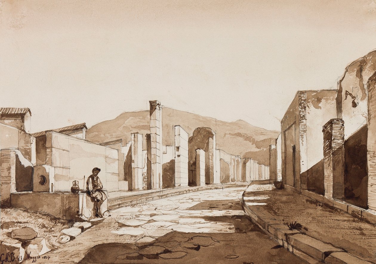 بومبي ، مع الإضافات التي كتبها الأمير غايتانو ماريا فيديريكو دي بوربون (1846-1871) ، 1854 (يغسل بالقلم الرصاص و بني داكن على الورق) بواسطة أخيل فيانيلي