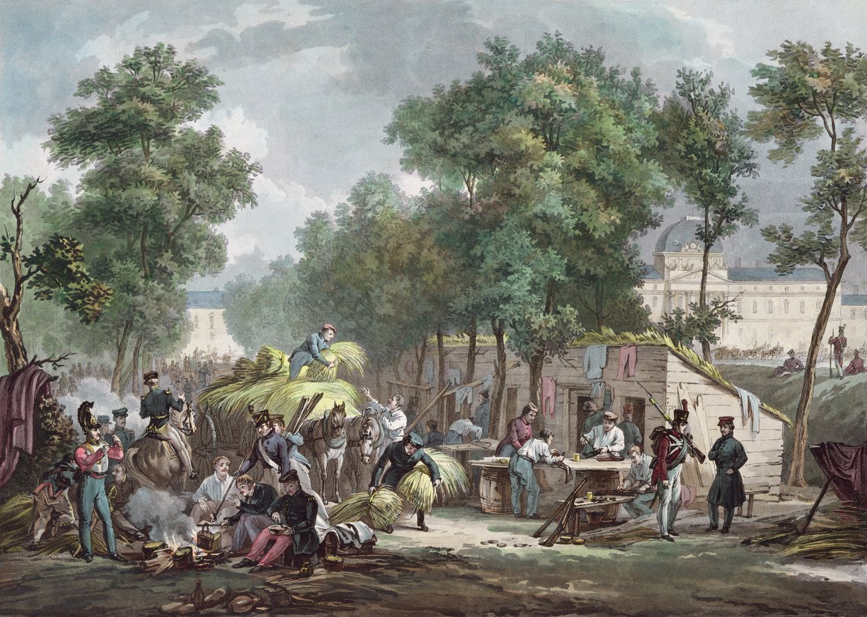 الجنود البروسيون يتجولون في شامب دي مارس ، باريس في عام 1871 ، محفور من قبل جازيت بواسطة أخيل لويس مارتينيت