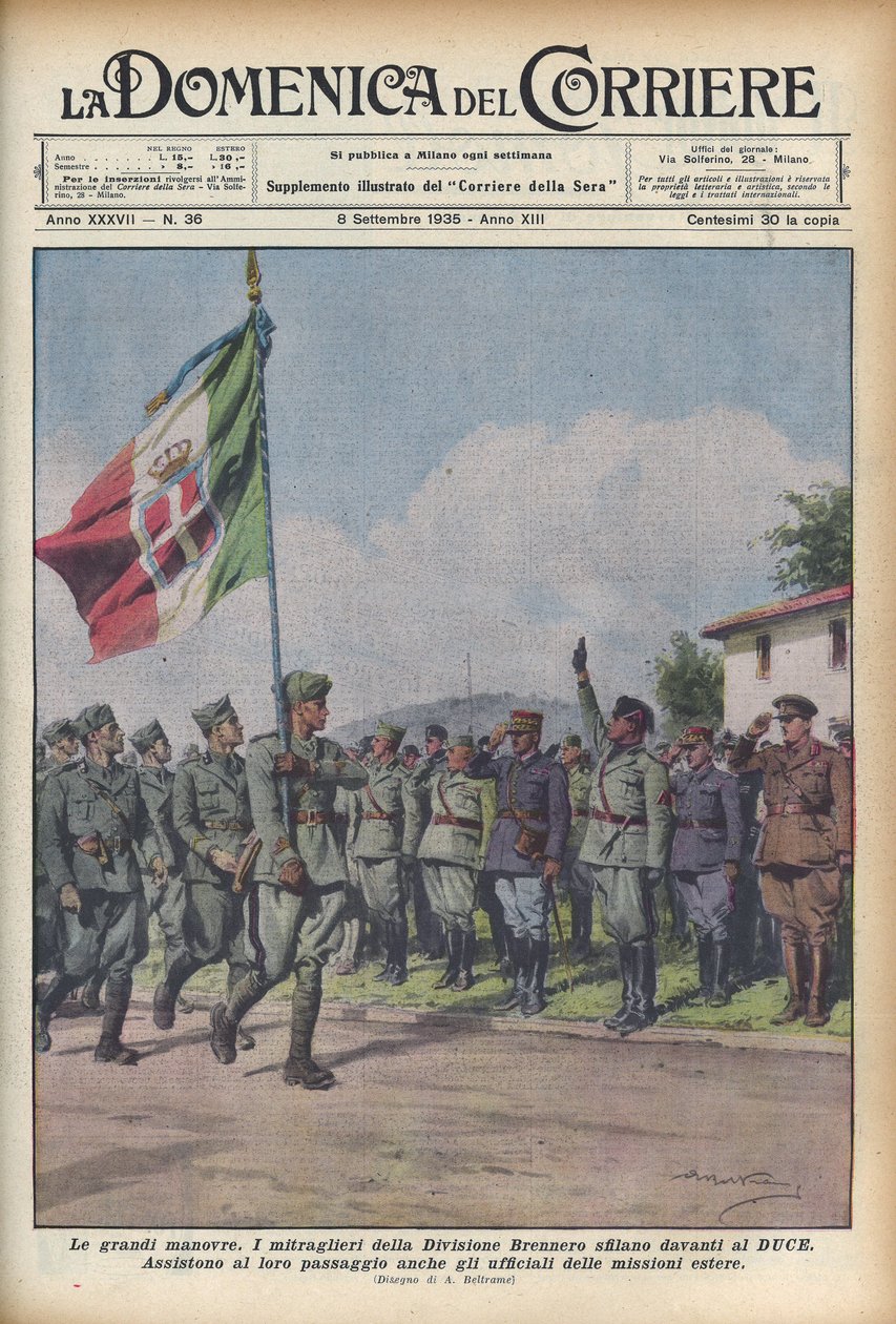 1935 - عرض مدافع رشاشة من فرقة برينر أمام Duce - CORRIERE SUNDAY - مناورة عسكرية. القوات تمر قبل بينيتو موسولي "الدوس" - رسم توضيحي لأخيل بلترام (1871-1945) بواسطة أخيل بيلترام