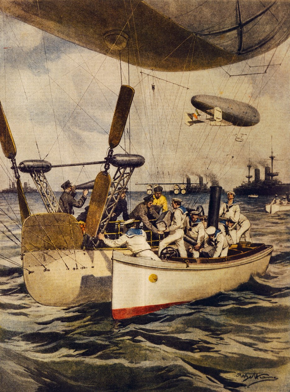 Airships resupplying battleships during their voyage, by Achille Beltrame, illustration, Illustrator Achille Beltrame (1871-1945), from La Domenica del Corriere, 5th May 1910 بواسطة أخيل بيلترام